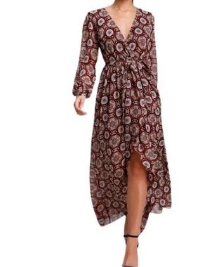 Lulu's Burgundy Medallion Wrap Maxi Dress